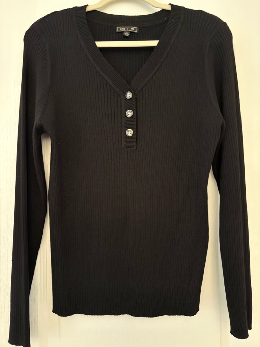 Ribbed V-Neck Black Button-Accent Sweater